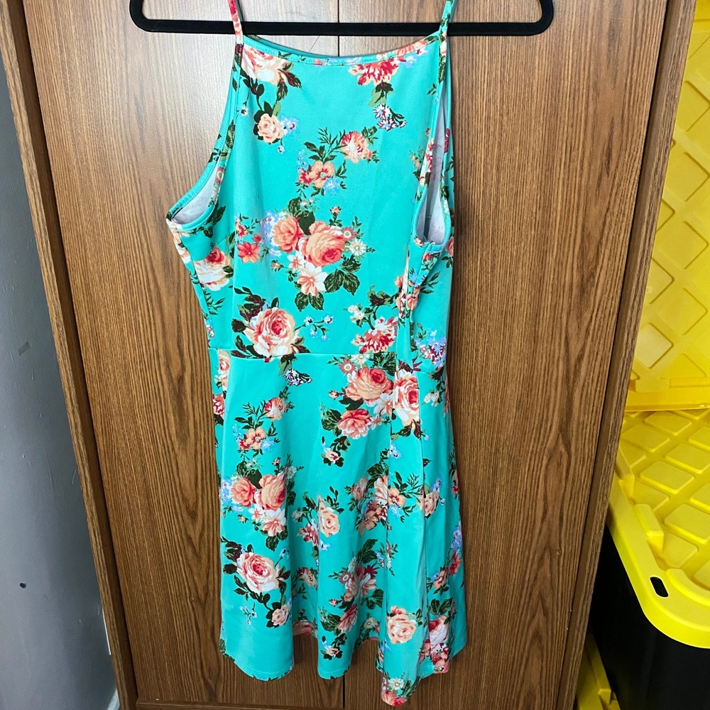 No Boundaries Floral Dress Women XL Mint Green High Neck Fit Flare